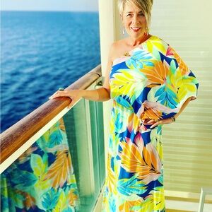 One shoulder tropical multicolor maxi dress